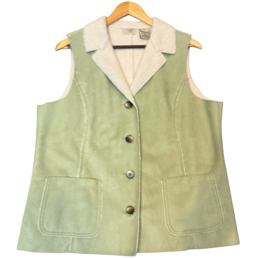 LL Bean Sherpa Vest Sage Green Faux Suede Cabin Cozy L